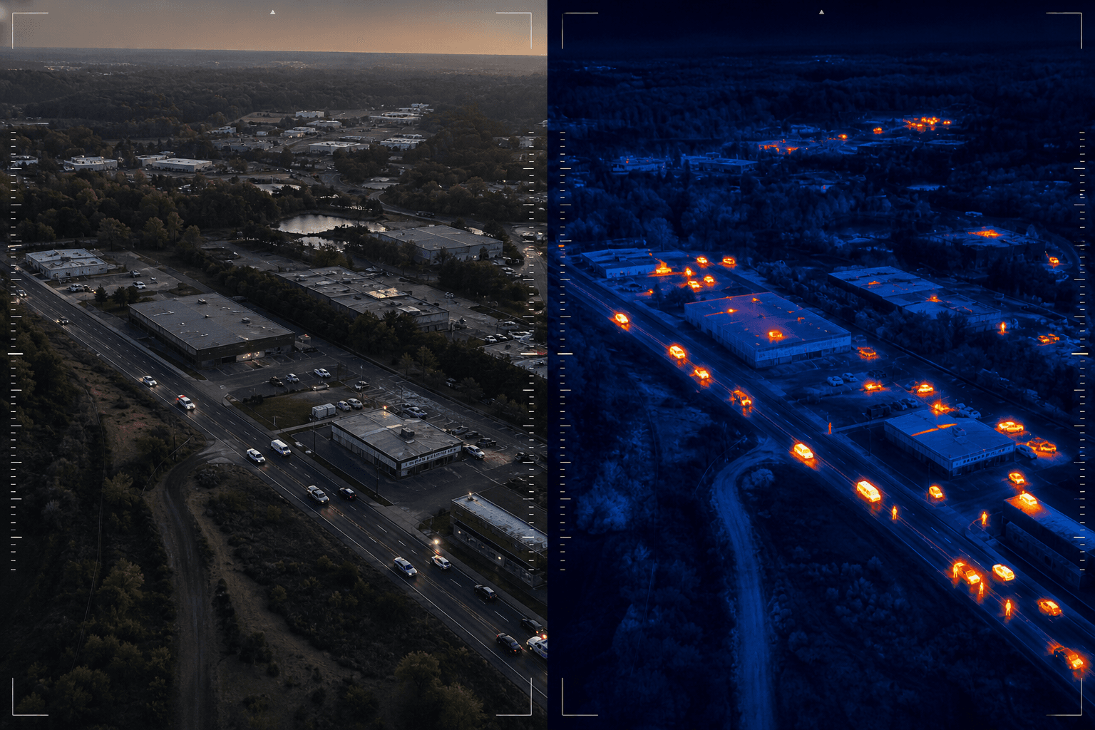 Drone point-of-view split between RGB camera and thermal camera view